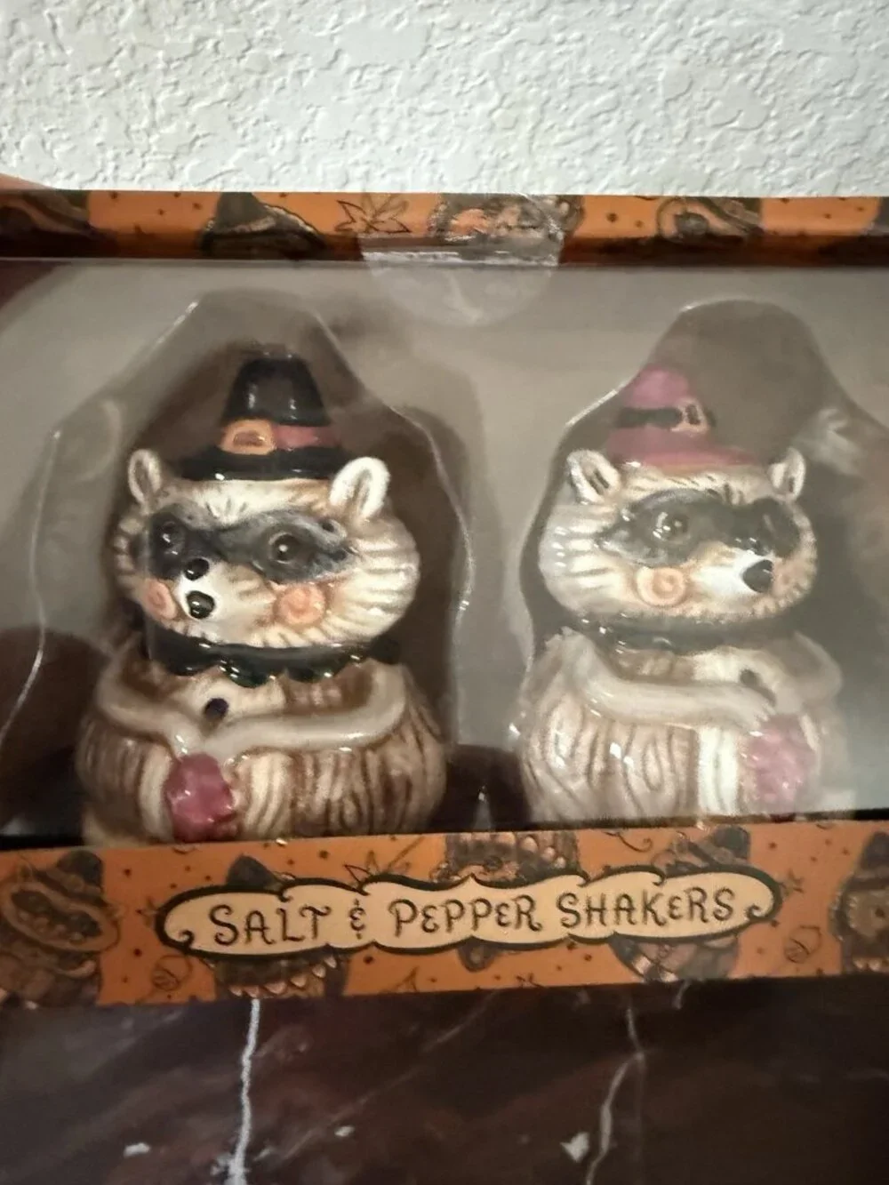 Johanna Parker Thanksgiving Pilgrim Sm Raccoon Jar Salt Pepper Shakers Set Table